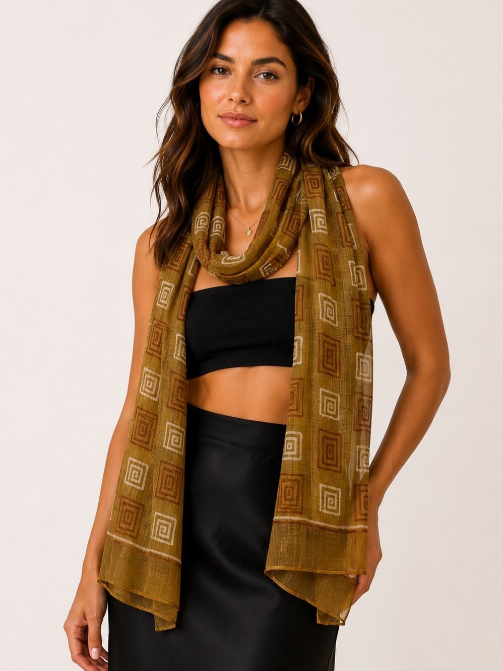 Elaine Gold Rectangular Sheer Scarf Mustard Brown Geometric Print Scarf/Wrap OS
